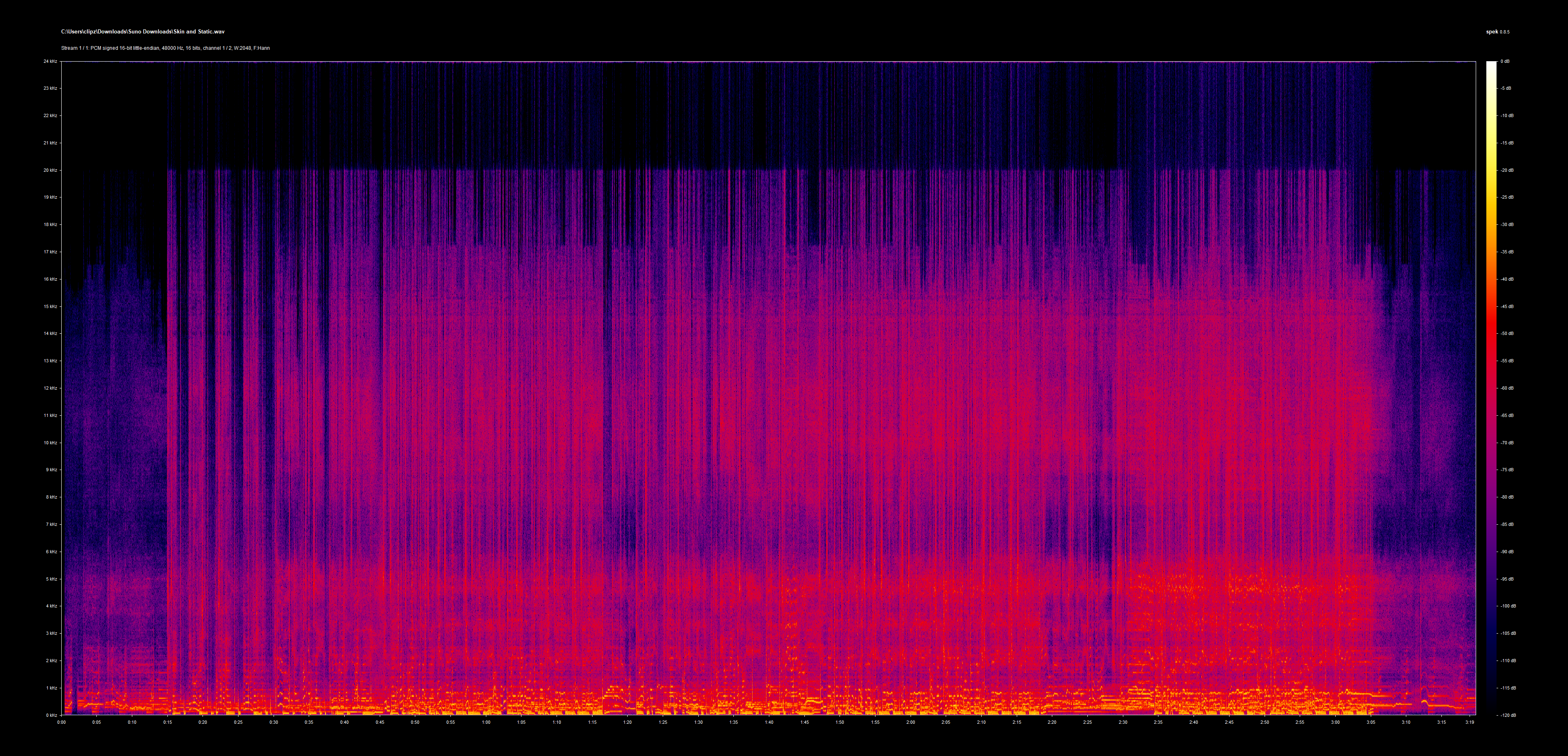 Spectrogram of true lossless WAV from Suno showing full frequency range to 20kHz